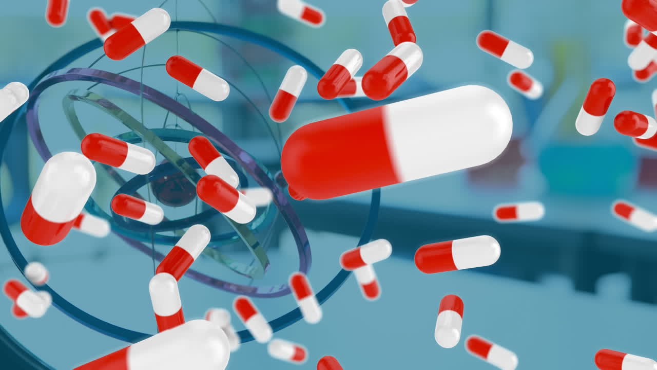 여러 개의 의료 알약이 실험실에서 armillary 구 모형의 클로즈업에 맞서 떨어집니다.