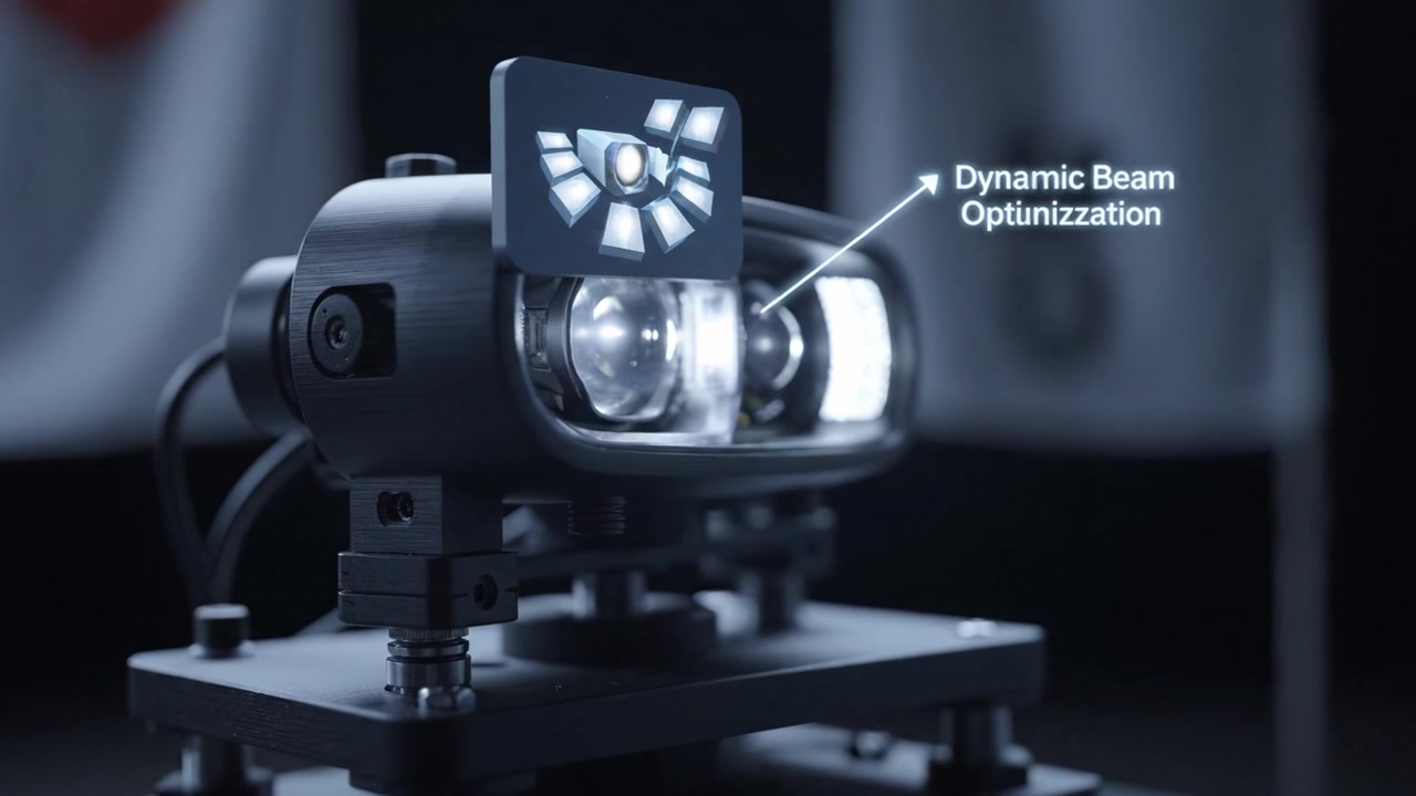 Close-Up View of a High-Tech Illuminator Device Featuring Dual Lenses and Adjustable Mount for Enhanced Light Projection in Advanced Robotic Applications
