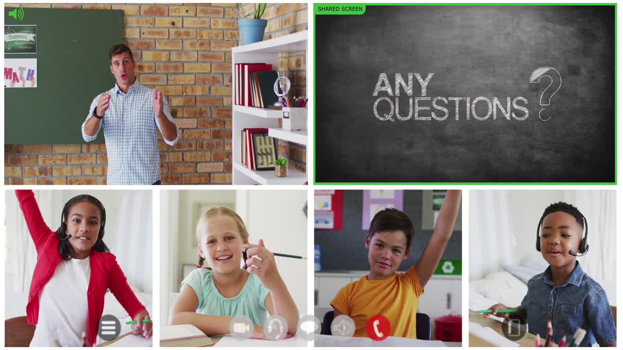 Animation of video call screens of chalkboard and diverse teacher and children having online lesson