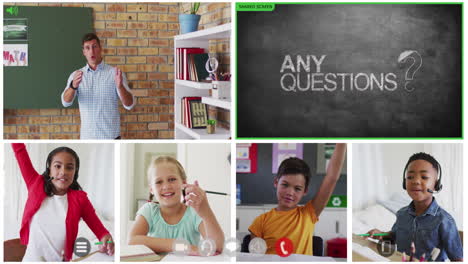 animation of video call screens of chalkboard and diverse teacher and children having online lesson