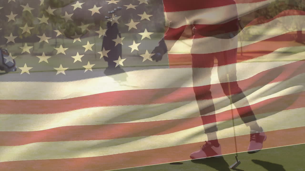 golfers walking on fairway, featuring animated American flag overlay plus sports marketing charts