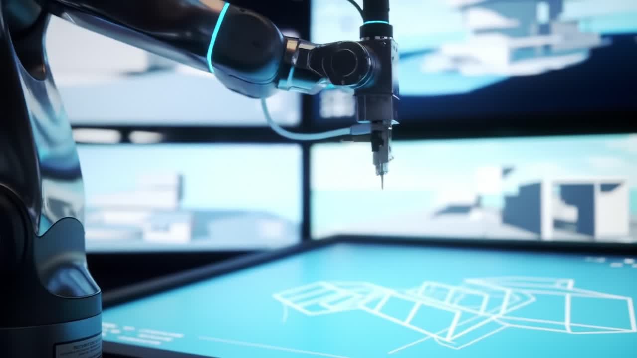 An advanced robotic arm demonstrates precision and innovation in design, sketching a complex architectural blueprint on an interactive display interface while surrounded by digital monitors