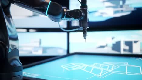 an advanced robotic arm demonstrates precision and innovation in design, sketching a complex architectural blueprint on an interactive display interface while surrounded by digital monitors