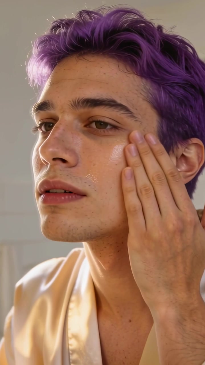 Video verticale: Usando un contagocce, un uomo in accappatoio applica e strofina il viso allo specchio del bagno per la cura della pelle.