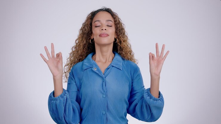 Meditation, woman and breathing exercise with zen