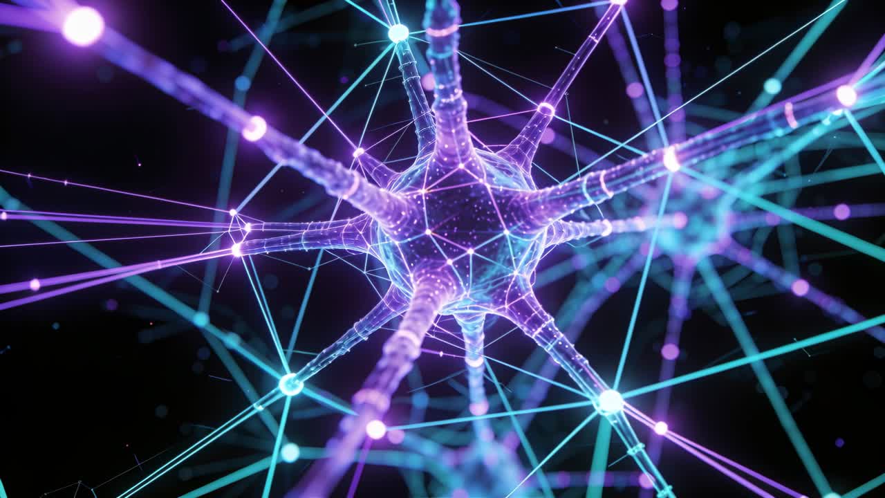 Camera pull bringing neuron core closer pulsing filaments sending data and lighting nodes for tech