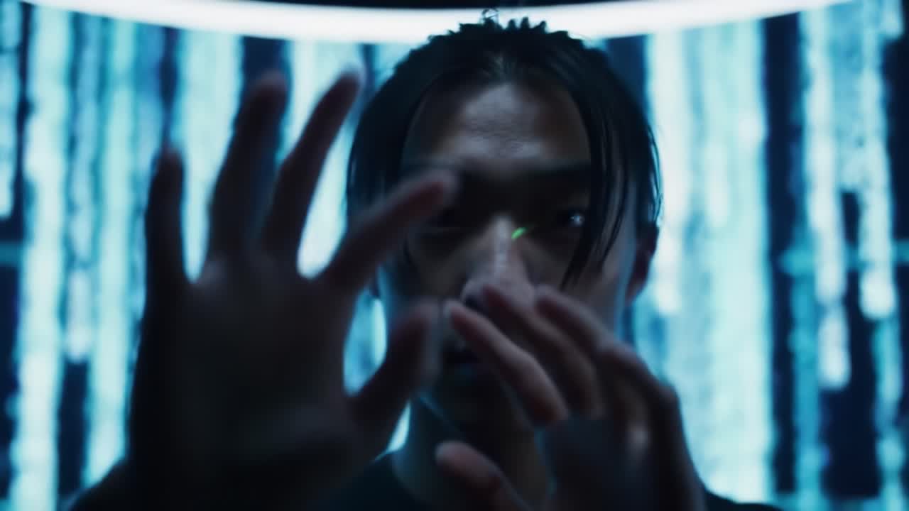 A Young Man Manipulating Light Patterns in a Digital Environment, Surrounded by Glowing Screens and Abstract Visuals, Showcasing Innovative Technology and Creativity