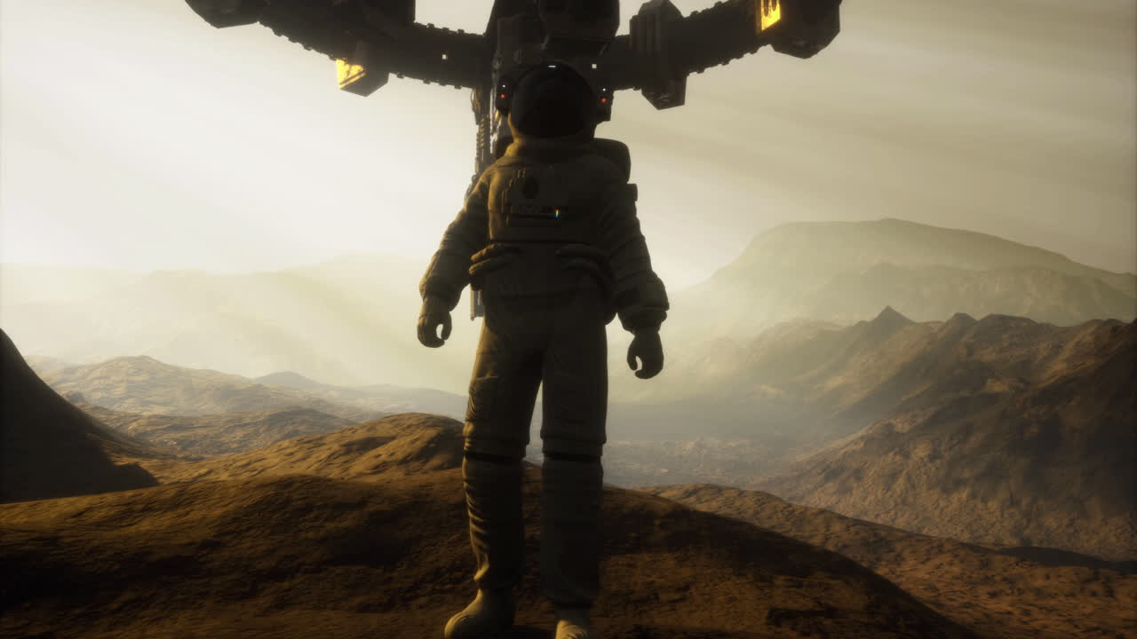 Astronaut exploring the martian landscape beneath a futuristic structure
