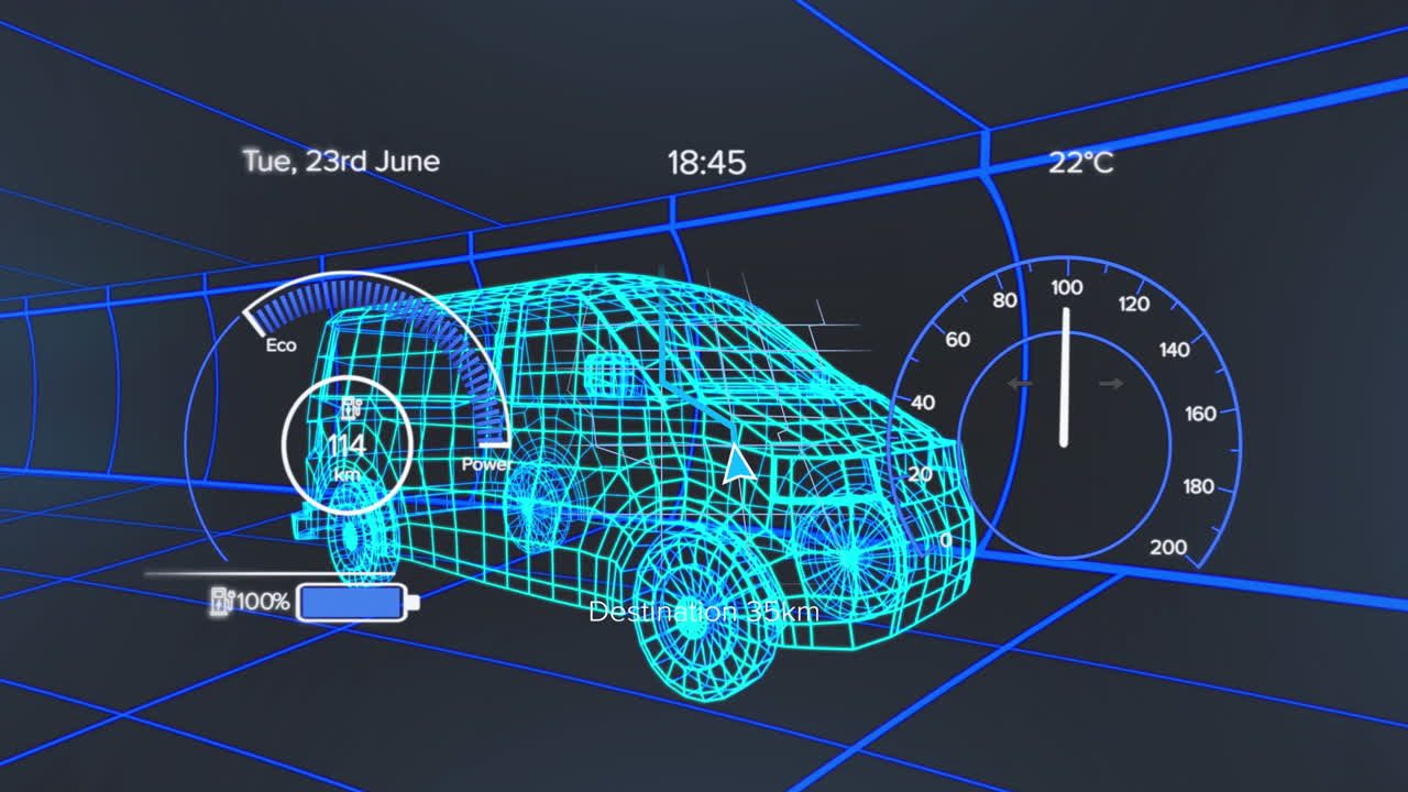 차량 인터페이스에 있는 스피도미터, gps 및 충전 상태 데이터의 애니메이션, 3d 밴 모델