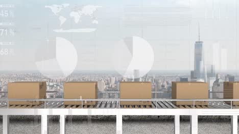 animation of financial data processing over boxes on conveyor belts and cityscape