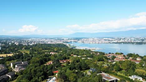 pan drone shot of water fountain of geneva during the day (rade of geneva) from cologny, switzerland