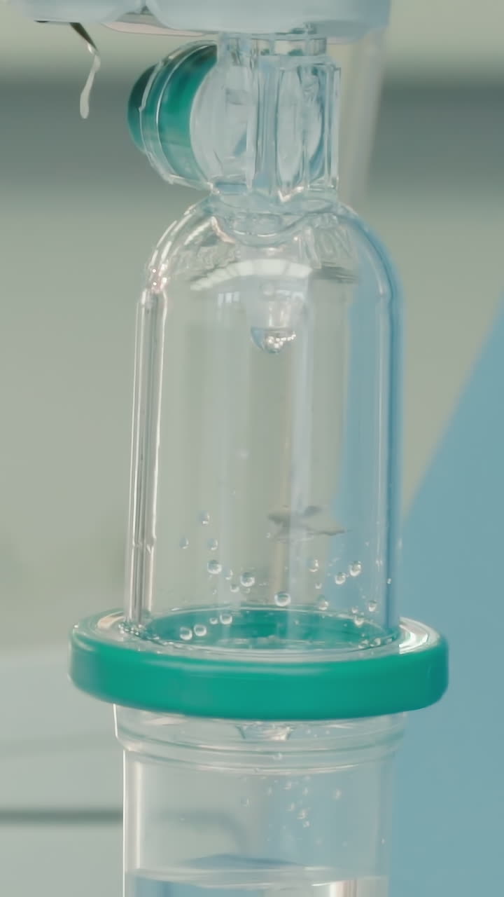 cámara de goteo con medicación transparente. equipo médico especializado para mantener la presión arterial del paciente durante la cirugía en la sala de operaciones