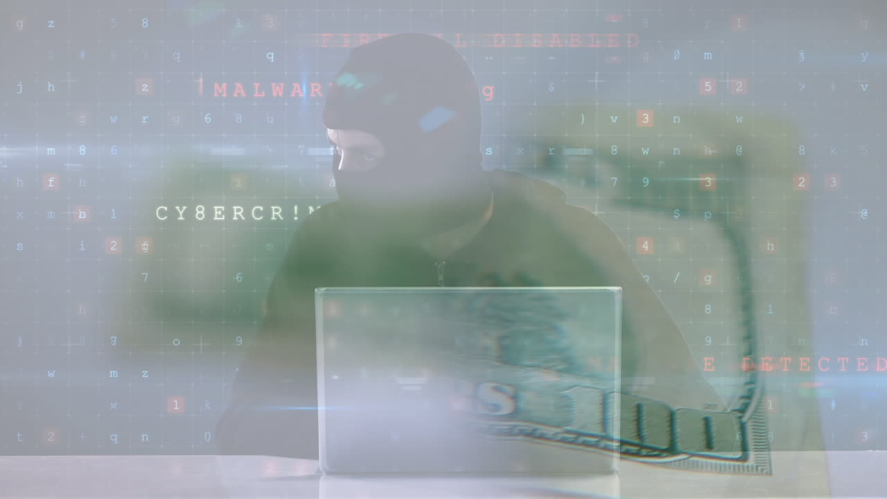 Animation of moving data processing over computer hacker and banknote