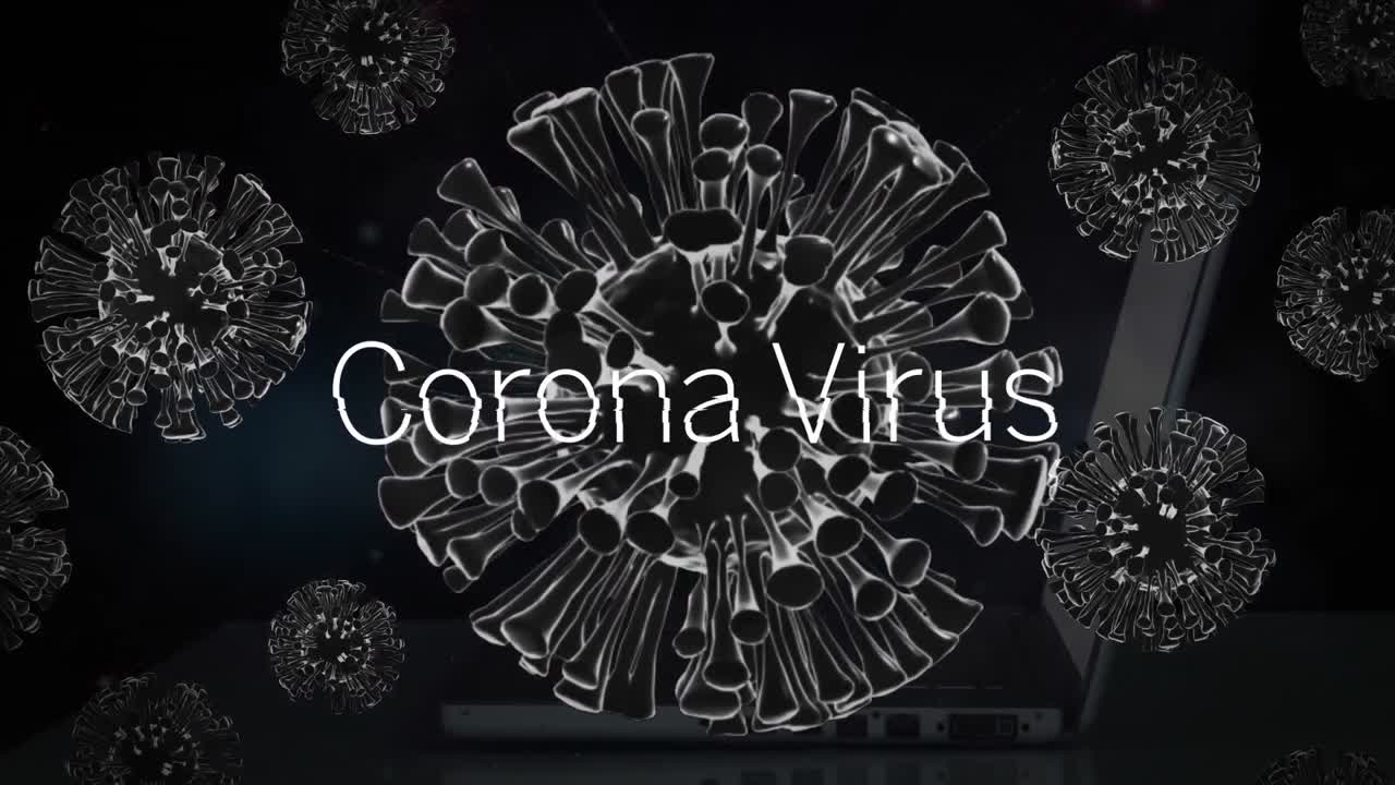 animación de células de virus de la corona sobre el texto del virus de la corona