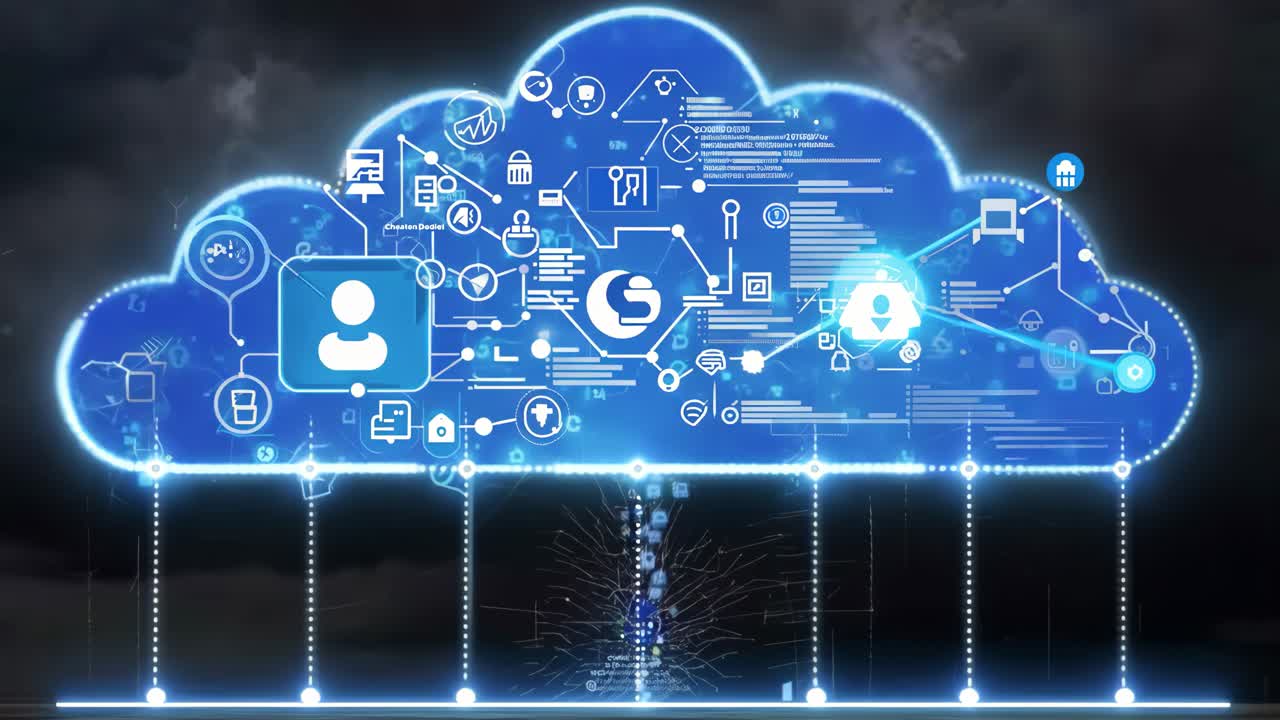 A cloud of technology is displayed in a dark background. The cloud is made up of many different icons, including a laptop, a cell phone, and a computer monitor. Concept of a vast network of technology