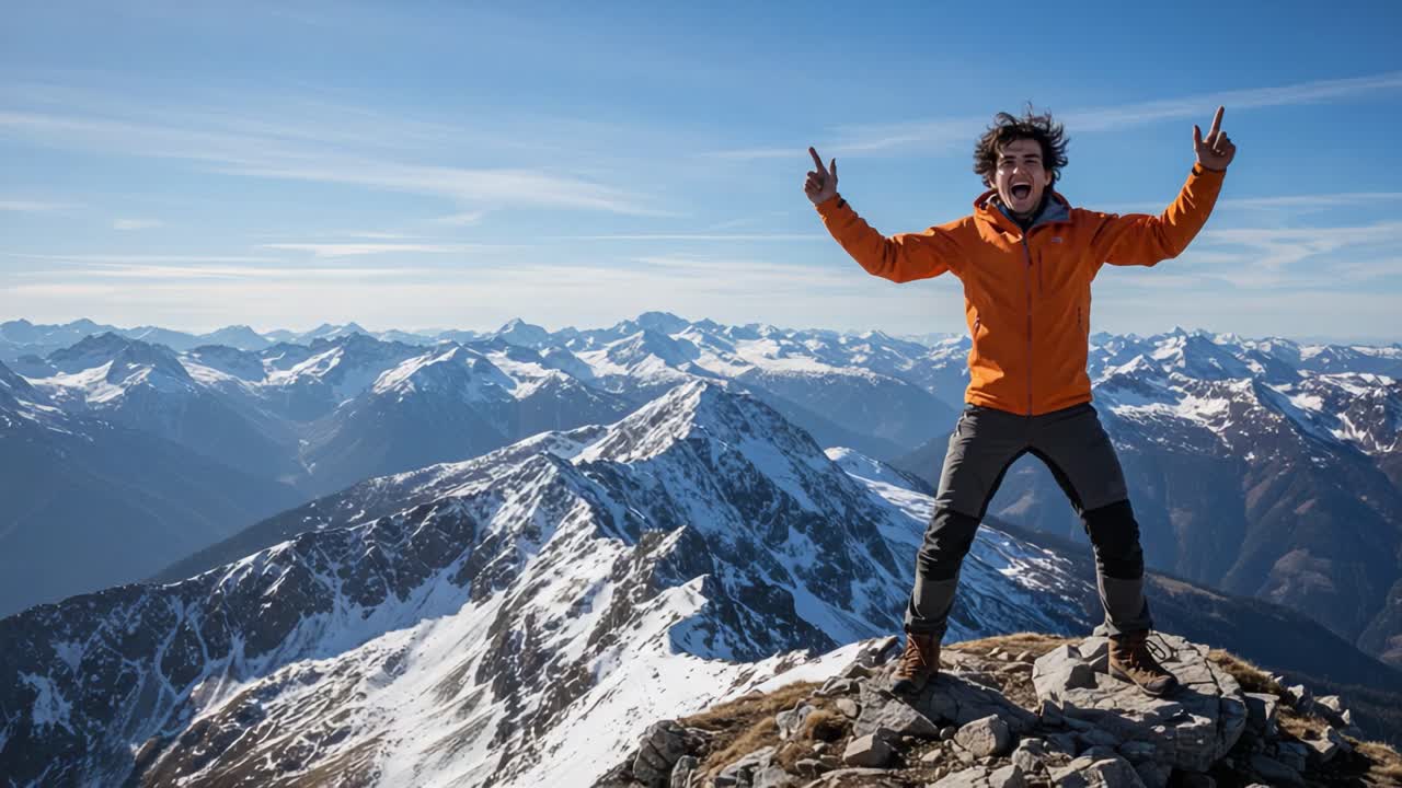 Triumphant Mountain Climber Celebrates at Summit, Embracing Nature's Majestic Beauty with Joyful Spirit Against a Breathtaking Snow-Capped Landscape