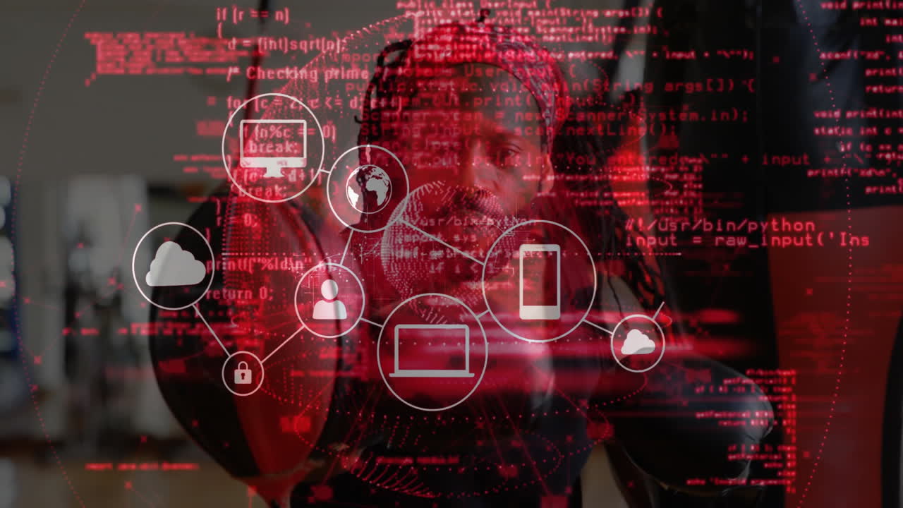 Man wearing VR headset punching in fitness tech studio, showing red code overlay with network icons