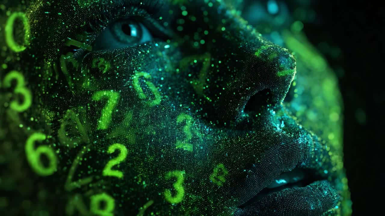 A captivating exploration of the intersection between humanity and technology, featuring a striking face partially illuminated with green numbers, symbolizing data and digital influence in a vivid backdrop of innovation and analytics