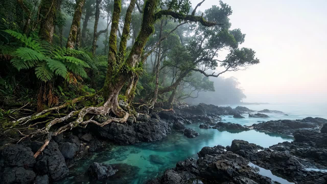 Tranquilla scena di una foresta costiera con alberi ricoperti di muschio e acqua cristallina