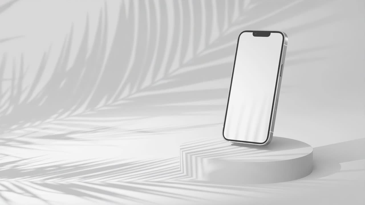 Mockup di telefono grigio con schermo vuoto su podio con ombra di foglia di palma