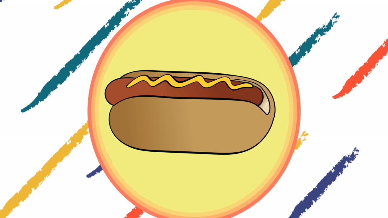 Animatie van hotdog in gele cirkel met kleurrijke getekende diagonale lijnen op witte achtergrond.