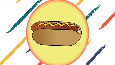 animación de un perrito caliente en círculo amarillo con líneas diagonales dibujadas de colores sobre fondo blanco
