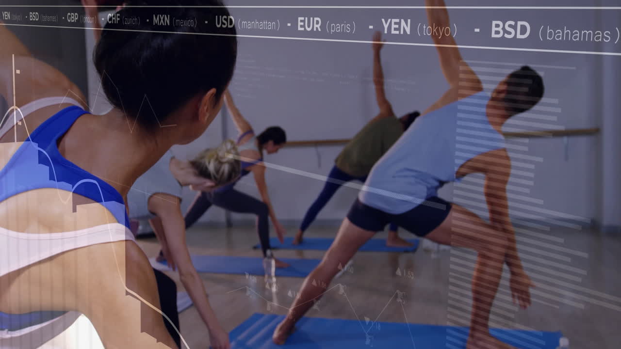 yoga class stretching on blue mats in fitness studio, showing floating currency acronyms, graphs