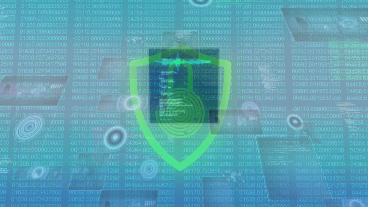 animación de candados digitales y datos en pantallas sobre fondo azul con números