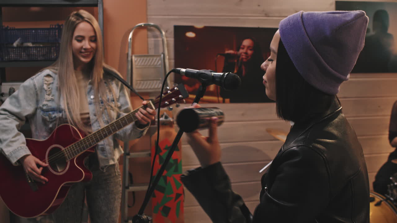 Girl Music Band Singing In Studio