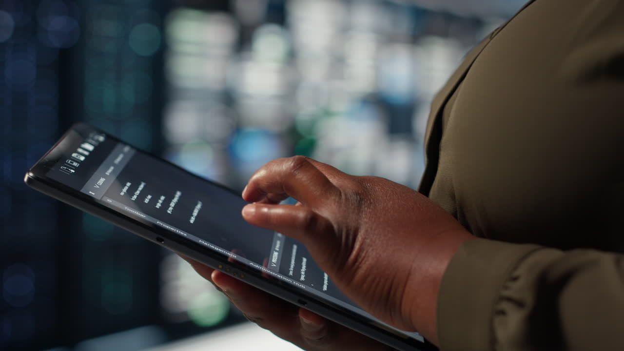 Programmer in data center using tablet to increase workload capacity