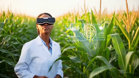 innovative agricultural monitoring: a scientist utilizes advanced technology to analyze crop health and growth in a vibrant cornfield