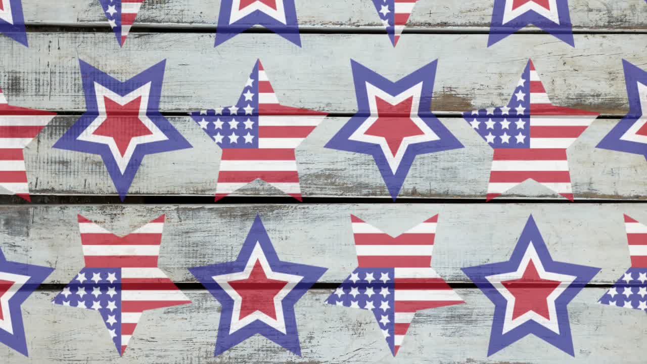 Animation of stars coloured in american flag over wooden background