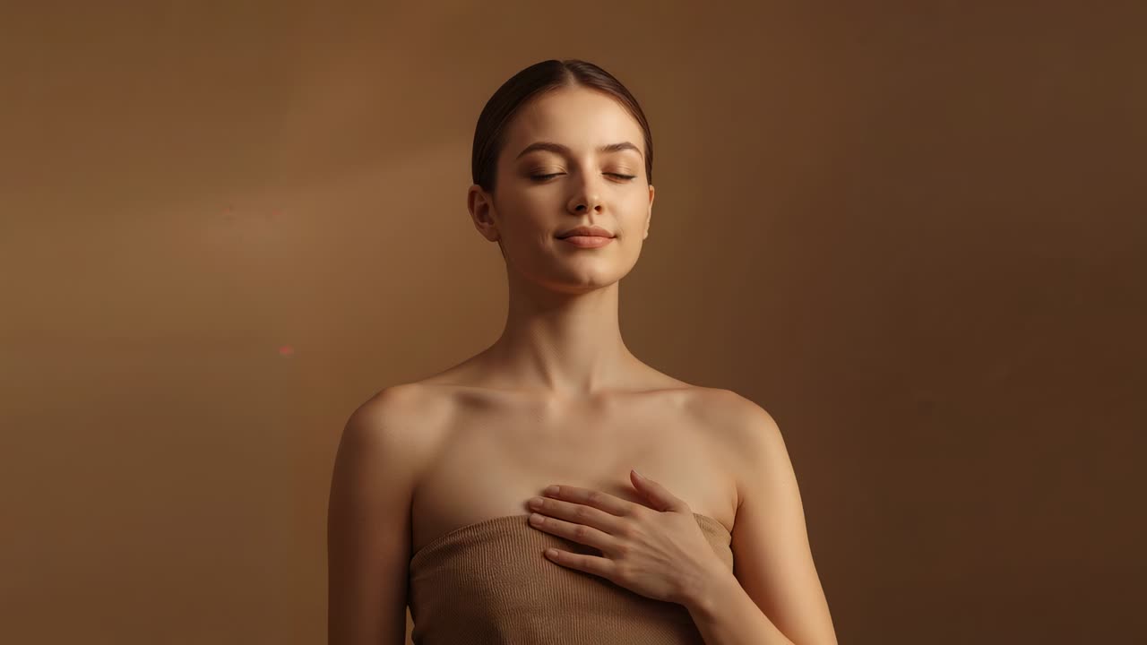 Donna in uno studio di registrazione con gli occhi chiusi, una mano appoggiata sul petto, mento sollevato e che sorride indossando un indumento senza spalline