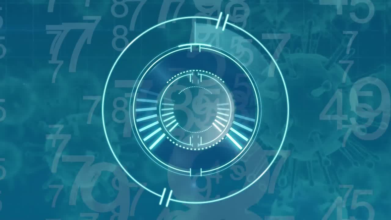 escaneo de alcance y números que se mueven contra las células de covid-19 que se desplazan