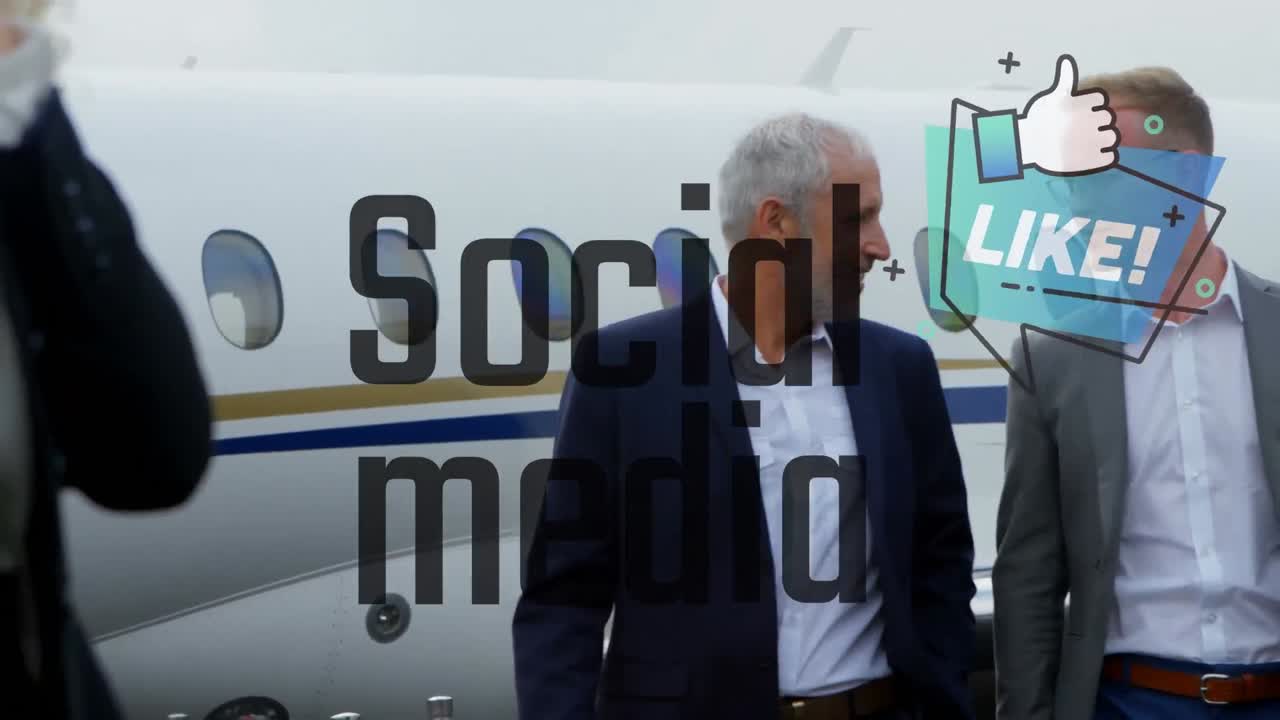 공항에서 서로 대화하는 두 백인 사업가에 대한 아이콘과 같은 애니메이션