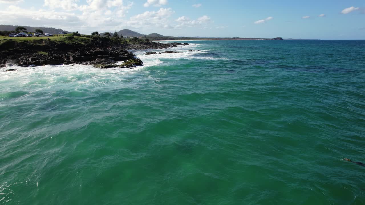 Golfinhos-roazes nadando perto do Hastings Point Lookout em NSW, Austrália - Tomada de Drone