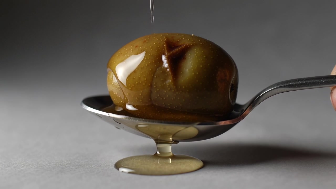 Pouring golden syrup from thin nozzle onto small green-brown fruit on metal spoon, coating surface