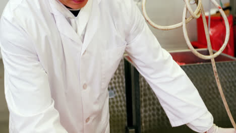 portrait of butcher mixing minced meat in container