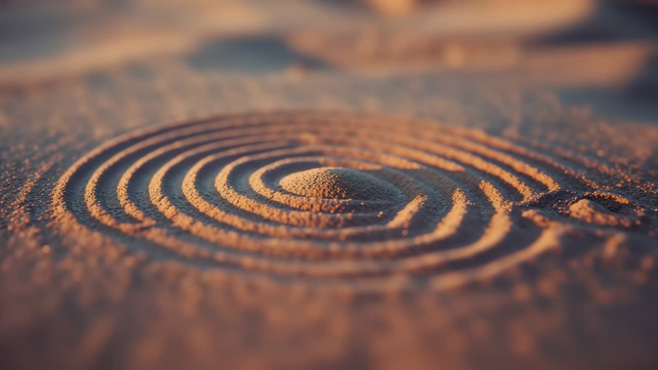 Opening sequence showing close-up capturing sand mound resting in zen tray, with concentric grooves