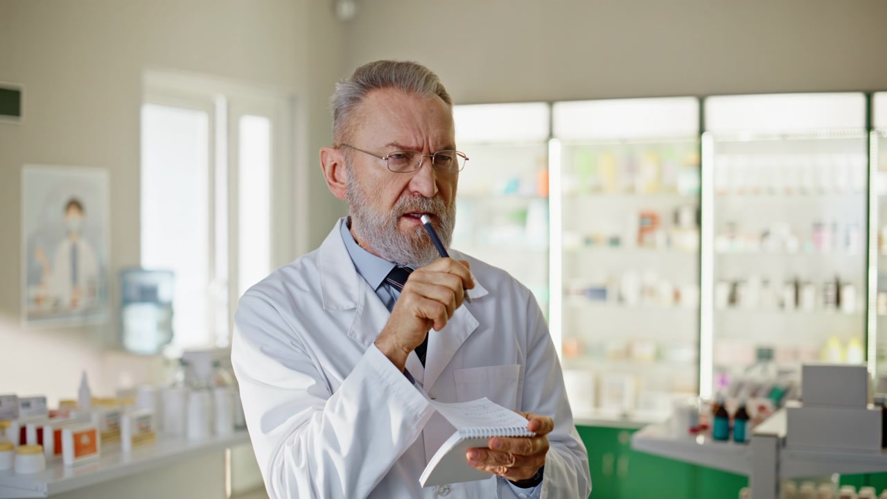 Senior pharmacy staff thinking writing notebook performing inventory closeup