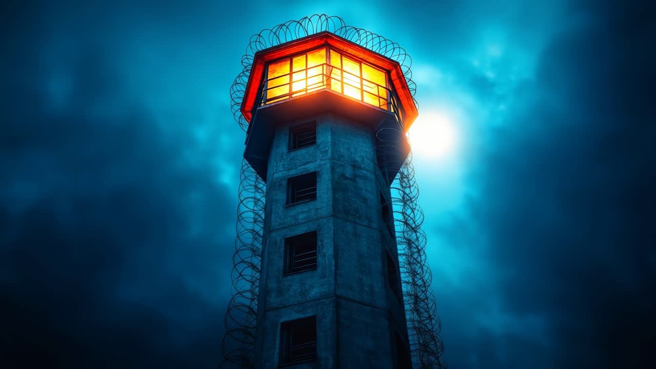 Lighthouse illuminating a dark landscape. A tall lighthouse glows against a stormy sky, surrounded by barbed wire cutting through the darkness.