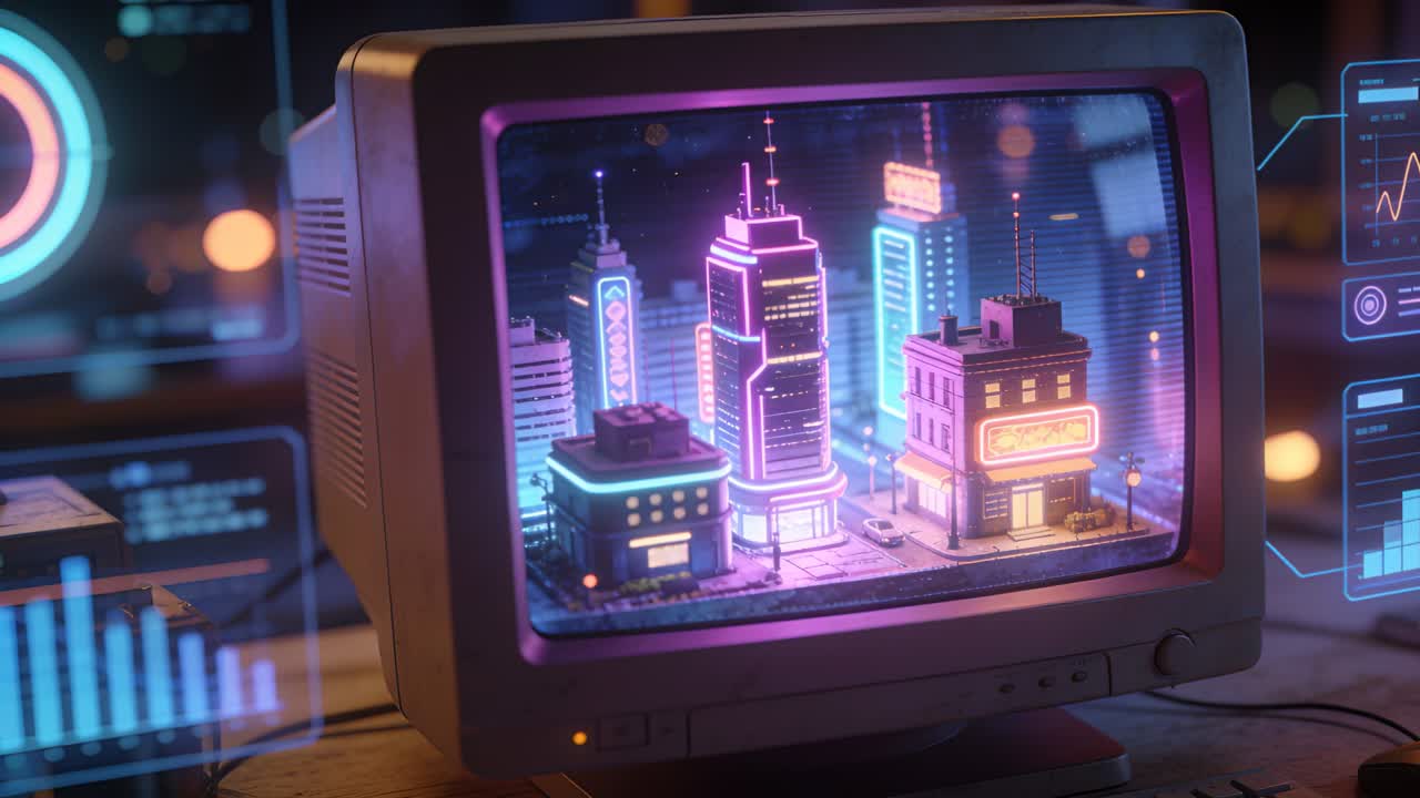 Powering retro CRT monitor projecting pulsing neon city diorama at desk for demo, with HUD panels