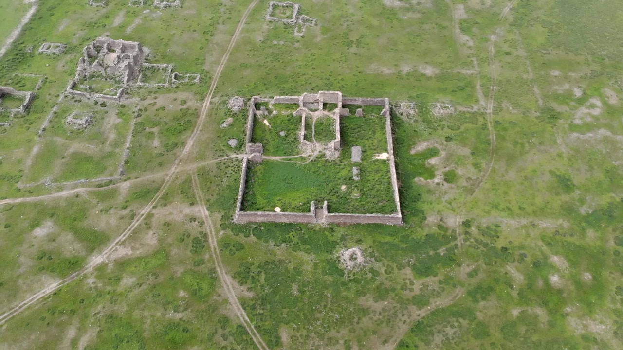 Vista aerea di antiche rovine in pietra in un campo verde
