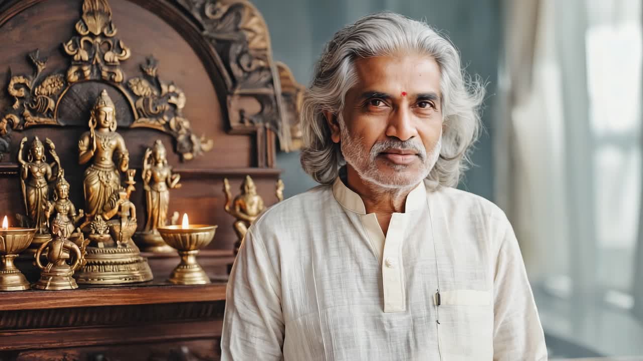 Portrait of a confident mature Indian man with gray hair and beard, wearing traditional clothing and posing with a home altar featuring deities and burning oil lamps