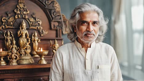 portrait of a confident mature indian man with gray hair and beard, wearing traditional clothing and posing with a home altar featuring deities and burning oil lamps
