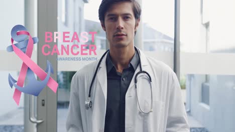 Animation-of-breast-cancer-awareness-text-over-smiling-caucasian-male-doctor-at-hospital