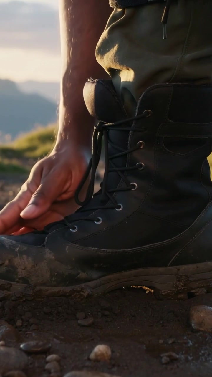 Vertical video: Scooping hiker clearing mud and tightening laces on rock trail, olive pants pouch