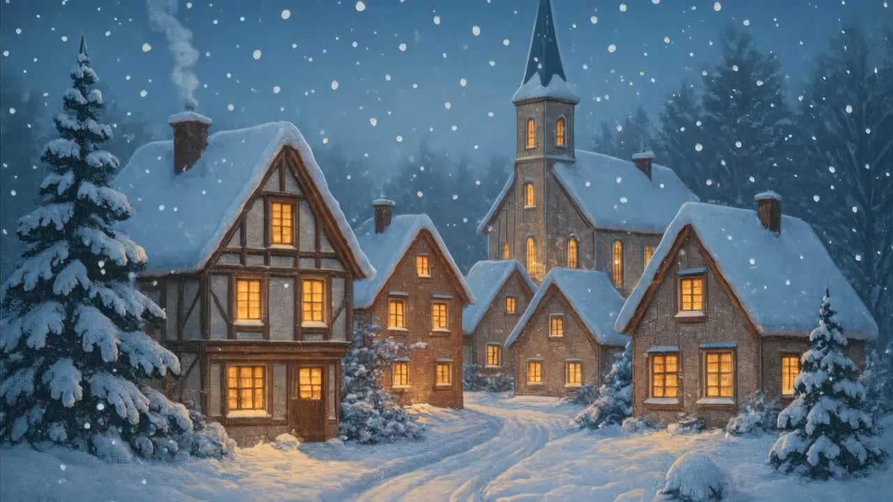 Charming winter village scene with snow-covered rooftops and glowing windows, captured from a high