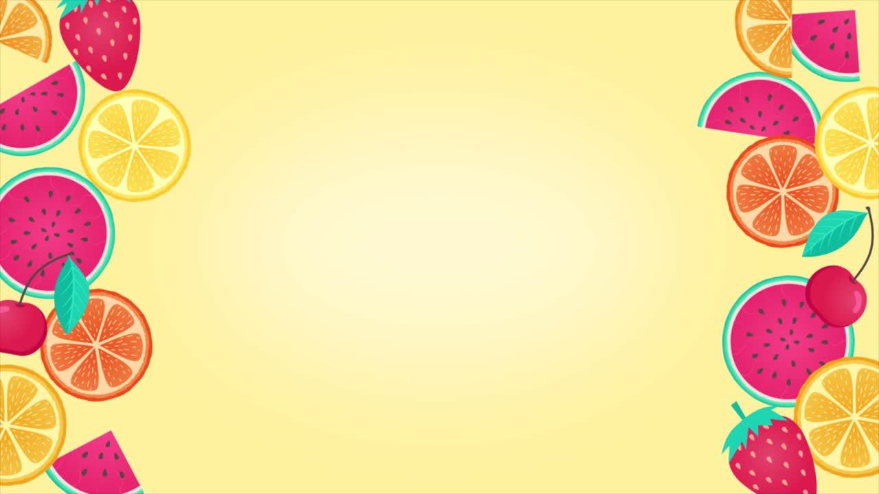 animación de frutas. cítricos, naranja, limón, sandía, cereza, fresa en bucle marco animado para fondo, pancarta, presentación, café. frutas frescas, diseño de verano en colores amarillos y rojos brillantes