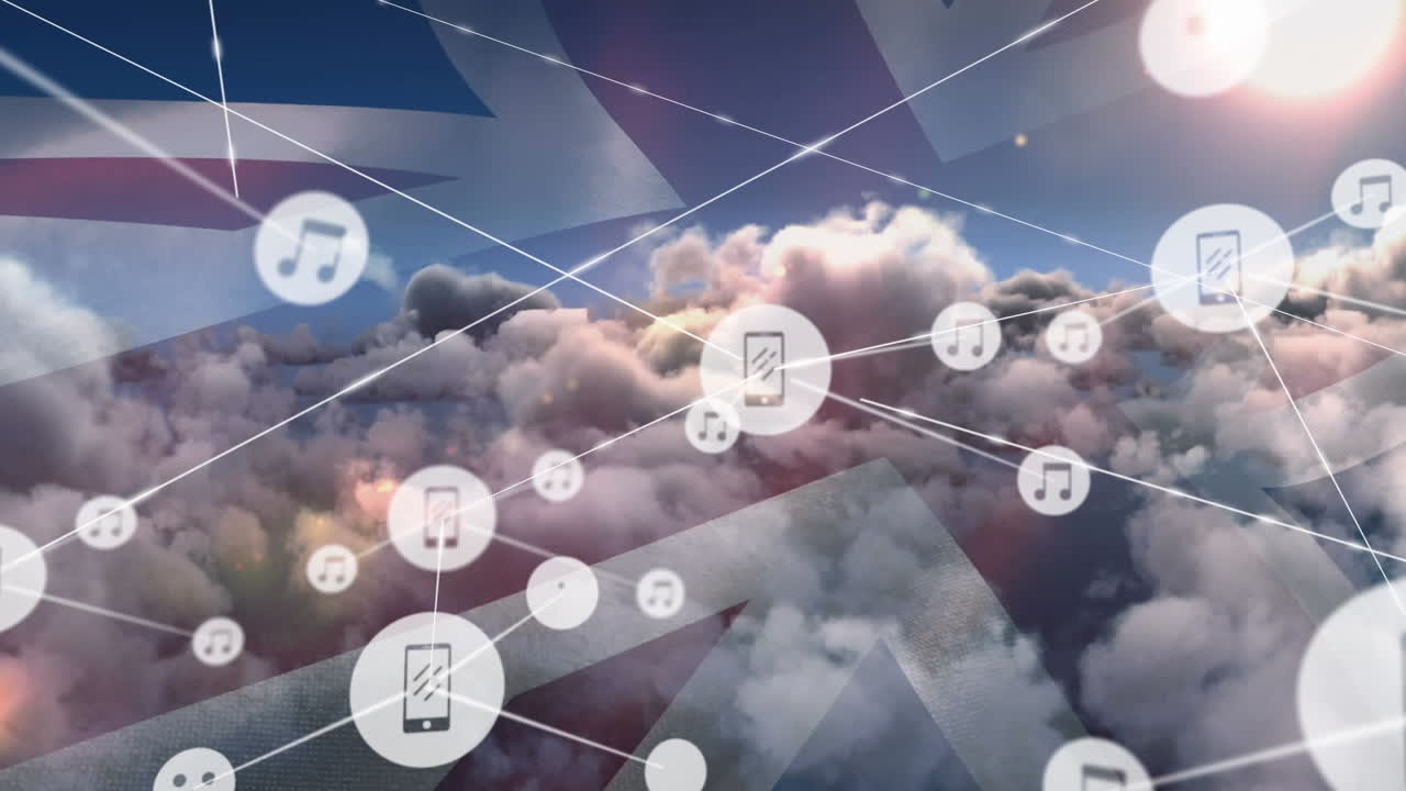 영국  ⁇ 발과 함께 구름진 하늘 위의 아이콘과 연결망